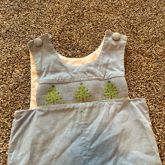 Kids Blue Overalls with Christmas Tree Smocked Embroidery - Picture 2 of 3